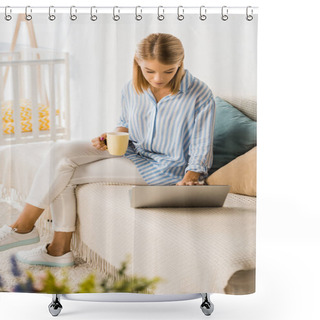 Personality  Smiling Adult Woman Holding Cup Of Tea And Using Laptop  Shower Curtains