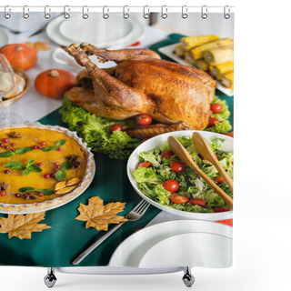 Personality  High Angle View Of Roasted Turkey Near Fresh Vegetable Salad And Pumpkin Pie With Cranberries Shower Curtains