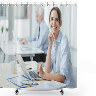 Personality  Smiling Business Woman At Work Shower Curtains