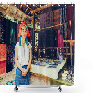 Personality  Long Neck Woman Weave Cloth In Front Her House In Tribal Village Northern Thailand. Shower Curtains