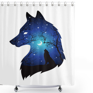 Personality  Double Exposure Silhouette Of Wolf In The Night Forest, Blue Sky With Crescent Moon And Stars Isolated. Sticker, Print Or Tattoo Design Vector Illustration. Pagan Totem, Wiccan Familiar Spirit Art Shower Curtains