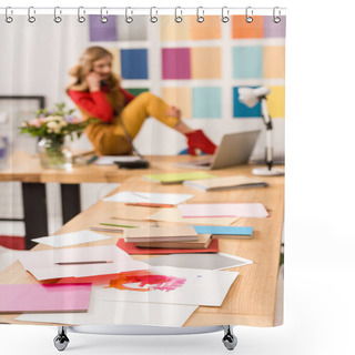 Personality  Selective Focus Of Fashion Designer Working In Modern Office, Paperwork On Foreground Shower Curtains