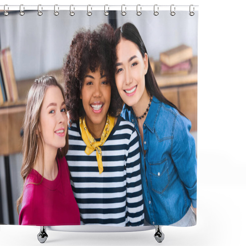 Personality  portrait of cheerful multiracial students looking at camera shower curtains