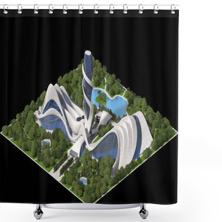 Personality  Futuristic Architecture 3d Illustration, For A Tiled Game Rendered In Dimetric Projection With A 30 Degree Orthographic Camera And Clipping Path Included In File. Shower Curtains