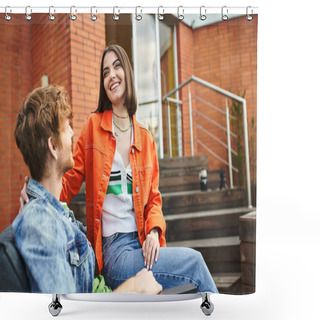 Personality  A Man And A Woman Sitting Peacefully Next To Each Other On A Wooden Bench In A Park, Enjoying Each Others Company Shower Curtains