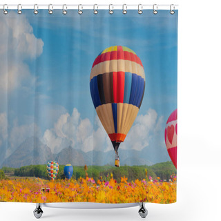 Personality  Colorful Hot Air Balloon Flying At The Natural Park And Garden. Travel In Thailand And Outdoor Adventure Activity. Shower Curtains