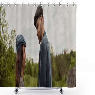 Personality  Cheerful Brunette And Stylish Woman In Newsboy Cap Looking At Bearded Boyfriend In Jacket While Standing Together With Landscape And Overcast At Background, Stylish Couple In Rural Setting, Banner  Shower Curtains