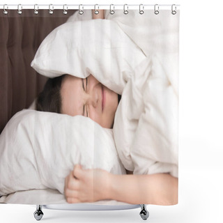 Personality  Woman Covering Head With Pillow Because Of Noise Shower Curtains
