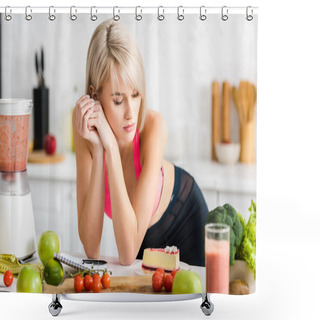 Personality  Attractive Blonde Girl In Sportswear Looking At Cake In Kitchen  Shower Curtains