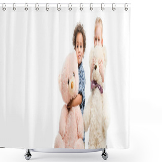 Personality  Panoramic Shot Of Adorable Multiethnic Children Holding Teddy Bears,  Isolated On White  Shower Curtains