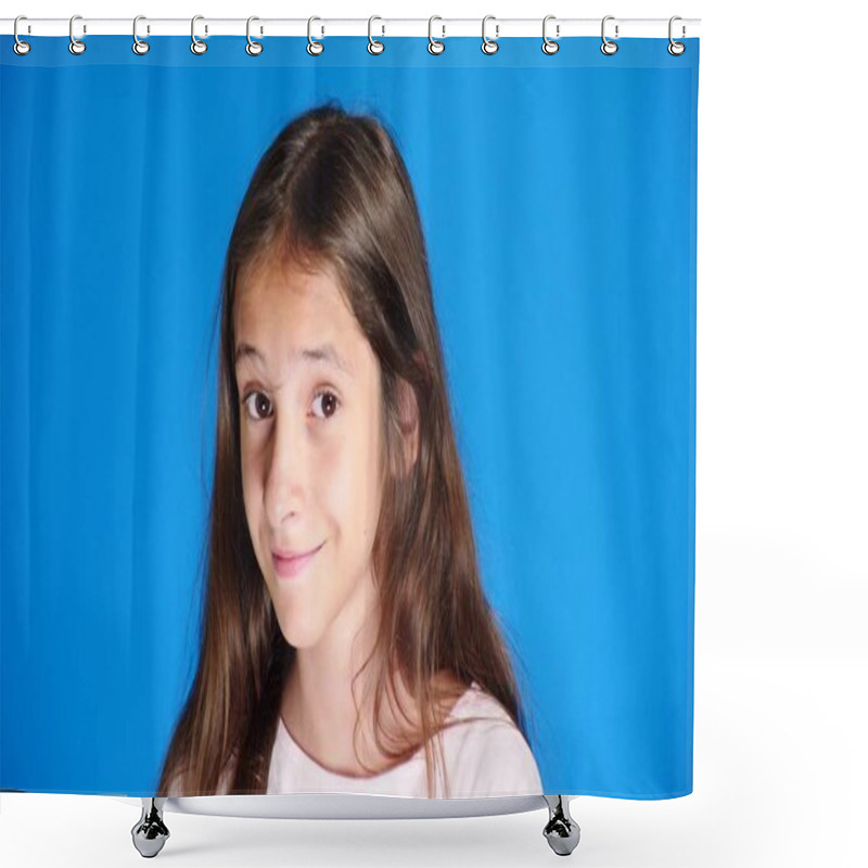 Personality  Cute The Girl Teenager Looks Into The Camera Laughing And Makes A Funny Facial Expression. Close-up. Color Background Shower Curtains