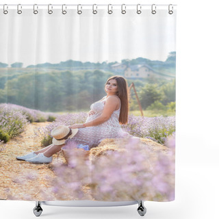 Personality  Side View Of Pregnant Woman Sitting On Hay Bale In Violet Lavender Field And Looking At Camera Shower Curtains