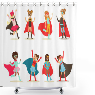 Personality  Girls In Superhero Costume Set, Pretty Little Super Girls Vector Illustrations Isolated On A White Background. Shower Curtains