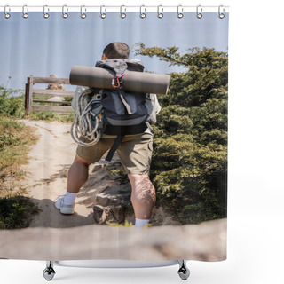 Personality  Back View Of Young And Short Haired Woman Tourist In Casual Clothes With Backpack And Fitness Mat While Walking On Hill At Background, Hiker Finding Inspiration In Nature, Summer Shower Curtains