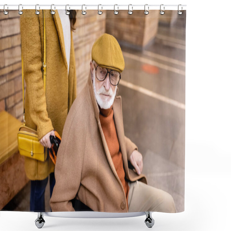 Personality  Woman Holding Wheelchair With Senior Disabled Man On Underground Platform Shower Curtains