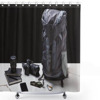 Personality  Backpack, Smartphone, Compass, Notebooks And Photo Camera With Lens On Black Shower Curtains