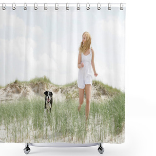 Personality  Young Blonde Woman With Dog Shower Curtains