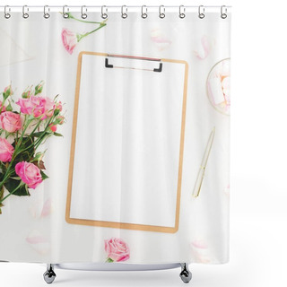 Personality  Beauty Composition With Marshmallows,  Pink Roses Bouquet And Clipboard On White Background. Top View. Flat Lay. Beauty Blog, Copy Space Shower Curtains