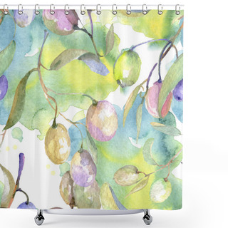 Personality  Olive Branches With Green Fruit And Leaves. Watercolor Background Illustration Set. Seamless Background Pattern.  Shower Curtains