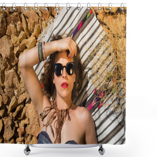 Personality  Beautiful Girl On A Stony Beach Shower Curtains