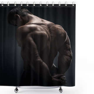 Personality  Handsome Muscular Bodybuilder Posing Over Black Background Shower Curtains