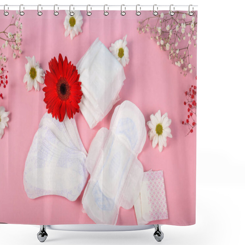 Personality  Lot Of Menstrual Pads With Red Gerbera And White Camomile On Pink Girlish Background, Top View, Copy Space. Ovulation Concept. Menstruation Concept. Shower Curtains