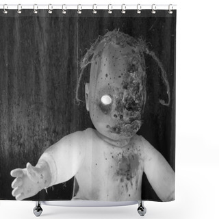 Personality  Creepy Bloody Doll Halloween Concept, Close Up Of Children Ghost Mystic Doll, Scary Horror Doll Face Isolated On Black Background. Shower Curtains