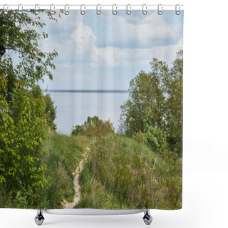 Personality  Peaceful Summer Landscape With Green Trees, River And Blue Sky Shower Curtains