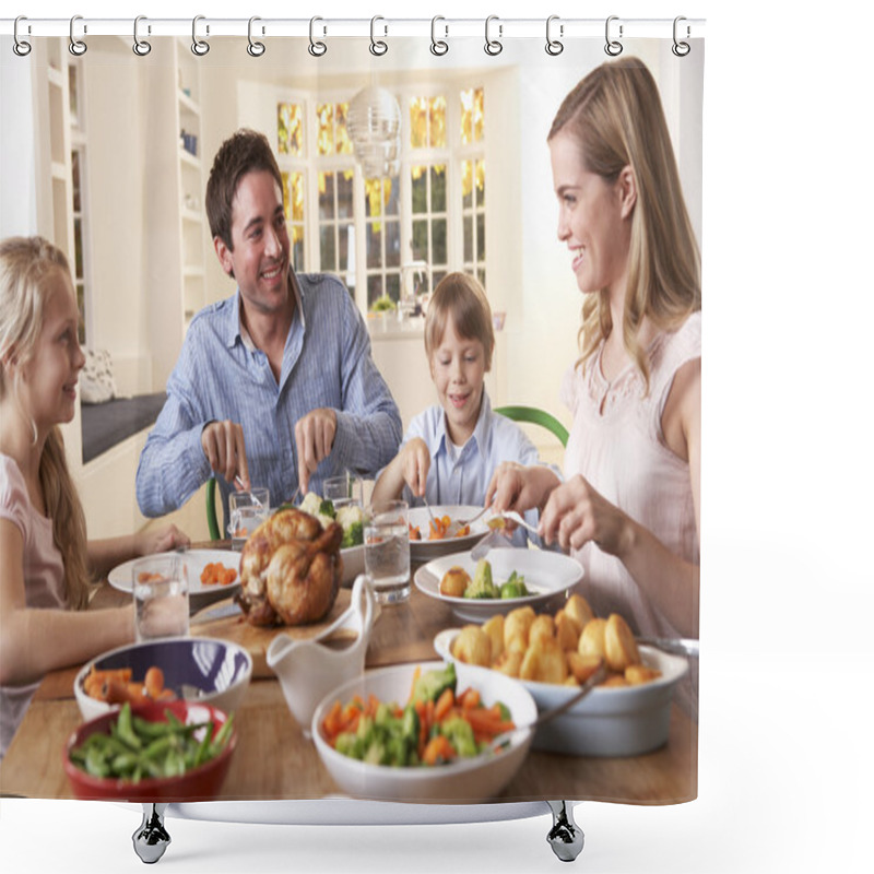 Personality  Happy family having roast chicken dinner at table shower curtains