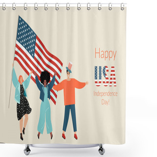 Personality  Vector Banner For USA Independence Day With Three Cute Young People With American Flag. The Concept Of Patriotism. Illustration In Flat Style Shower Curtains