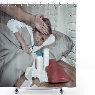 Personality  Sweet Sick Cute Girl Feeling Sick With High Fever Lying In Bed With Medicines Thermometer Hot Water Bag Suffering From Cold And Winter Flu Virus And Gripe Disease Symptoms In Child Health Care. Shower Curtains