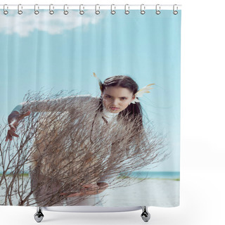 Personality  Young Woman In White Swan Costume Standing Behind Dry Bush, Looking At Camera Shower Curtains