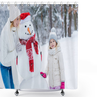 Personality  Beautiful Happy Mother And Daughter Standing With Snowman In Winter Park Shower Curtains