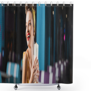 Personality  Happy Pin Up Woman Holding Milkshake In Glass In Cafe, Banner Shower Curtains