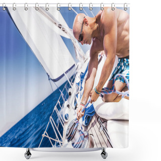 Personality  Handsome Sailor On Sailboat Shower Curtains