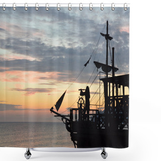 Personality  Silhouette Of A Pirate Ship At Sunset Shower Curtains