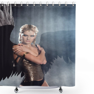 Personality  Beautiful Young Sexy Woman With Black Angel Wings And Golden Accessories Posing On Dark Smoky Background Shower Curtains