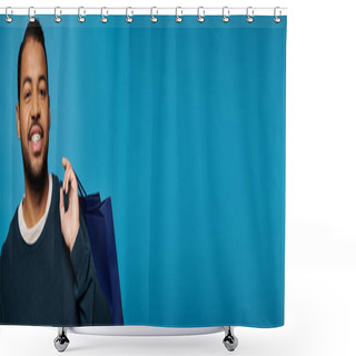 Personality  Banner Of Happy African American Young Man With Shopping Bag Over Shoulder On Blue Background Shower Curtains
