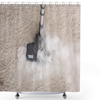 Personality  Top View Of Brush Of Vacuum Cleaner With Hot Steam On Carpet At Home  Shower Curtains