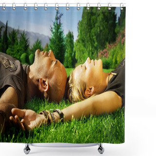 Personality  Happy Young Couple Outdoor Shower Curtains