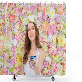 Personality  Beautiful Young Woman In Floral Wreath With Butterfly On Hand Shower Curtains