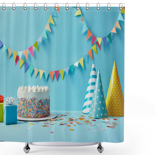 Personality  Tasty Cake With Sugar Sprinkles,party Hats And Gifts On Blue Background With Colorful Bunting Shower Curtains