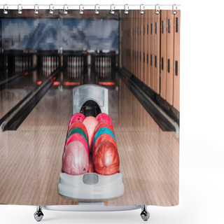 Personality  Stand With Colorful Bowling Balls In Club Against Alleys Shower Curtains