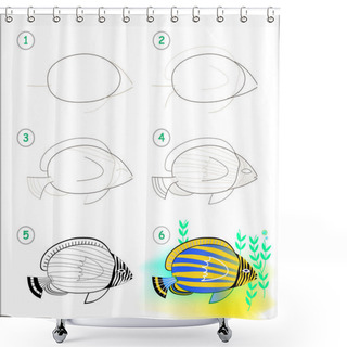 Personality  Educational Page For Kids Shows How To Learn Step By Step To Draw A Beautiful Tropical Aquarium Fish. Back To School. Developing Children Skills For Drawing And Coloring. Vector Cartoon Image. Shower Curtains