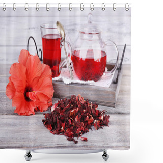 Personality  Hibiscus Tea In Glass Teapot And Flower On Color Napkin On Wooden Background Shower Curtains