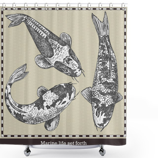 Personality  Set Of Fish. Retro Style Vector Illustration. Isolated On Grey Background Shower Curtains