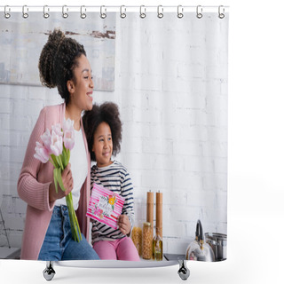Personality  Happy African American Woman And Girl With Happy Mothers Day Card Smiling And Looking Away In Kitchen Shower Curtains