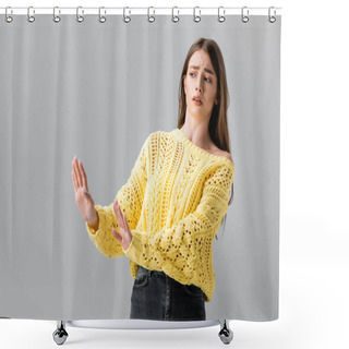 Personality  Displeased Girl In Yellow Sweater Showing Stop Gesture While Looking Away Isolated On Grey Shower Curtains