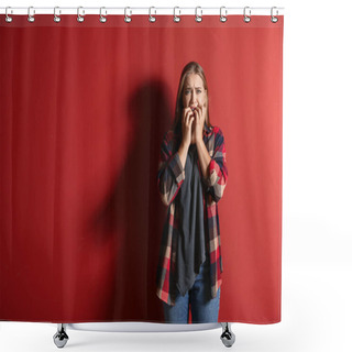 Personality  Woman Having Panic Attack On Color Background Shower Curtains