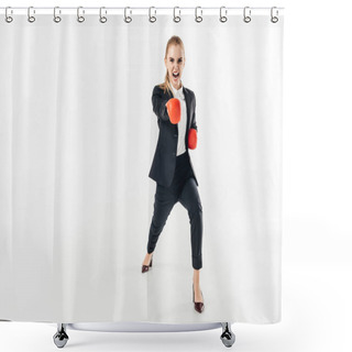 Personality  Businesswoman Screaming In Suit And Red Gloves Isolated On White Shower Curtains